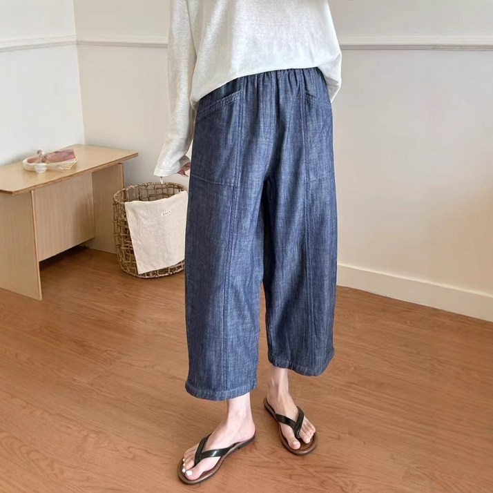 하마마스 린넨데님 혼방 배기핏 밴딩 팬츠 앞포켓