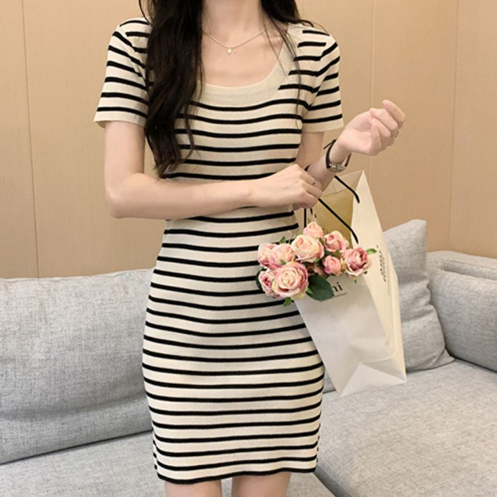 데일로엔 여성 U넥 슬림핏 스트라이프 반팔 원피스