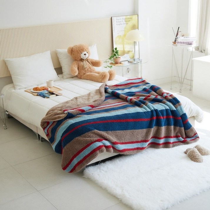 더보드라 스트라이프 플리스 블랭킷 극세사담요 캠핑담요, 1개, 네이비