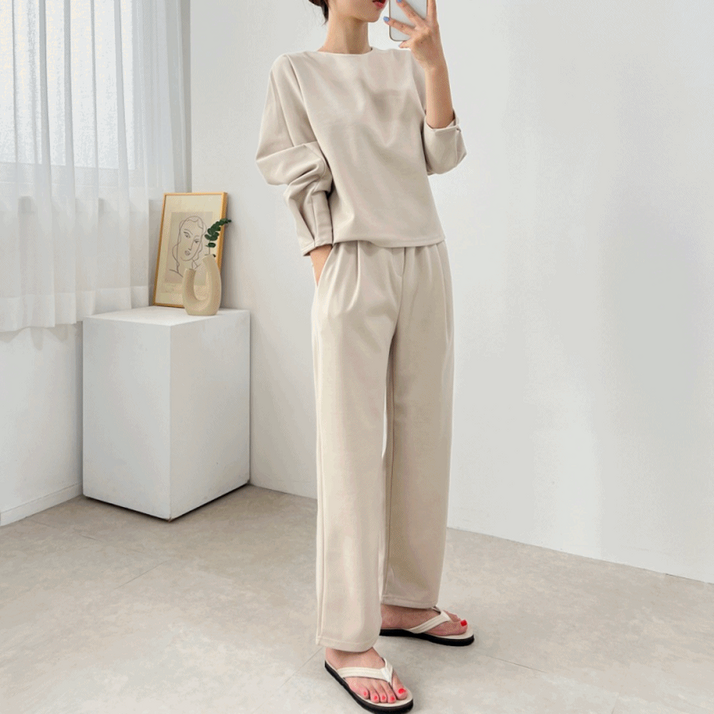(set) 마랑 데일리 핀턱 티셔츠 세미 와이드 밴딩 팬츠 트레이닝 세트 3color