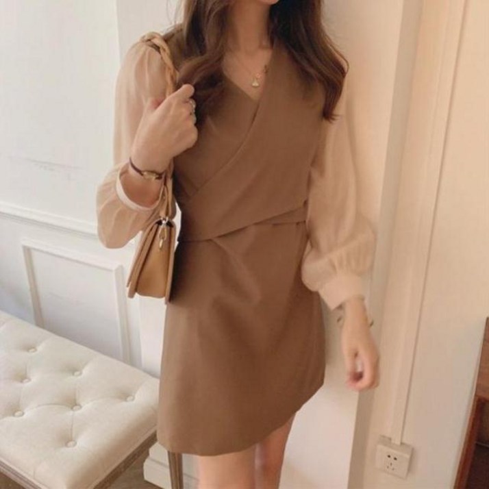 Yanrz 긴팔 쉬폰 원피스 조거 숏 통근 원피스