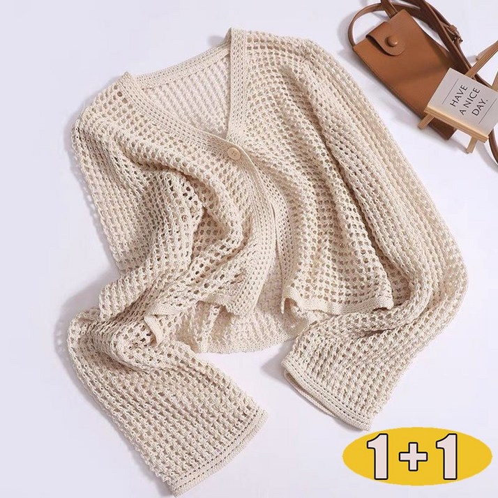 1+1 여성 봄 여름 원버튼 펀칭 그물 니트 카다건 루즈핏 얇은 자외선차단 가디건 블라우스