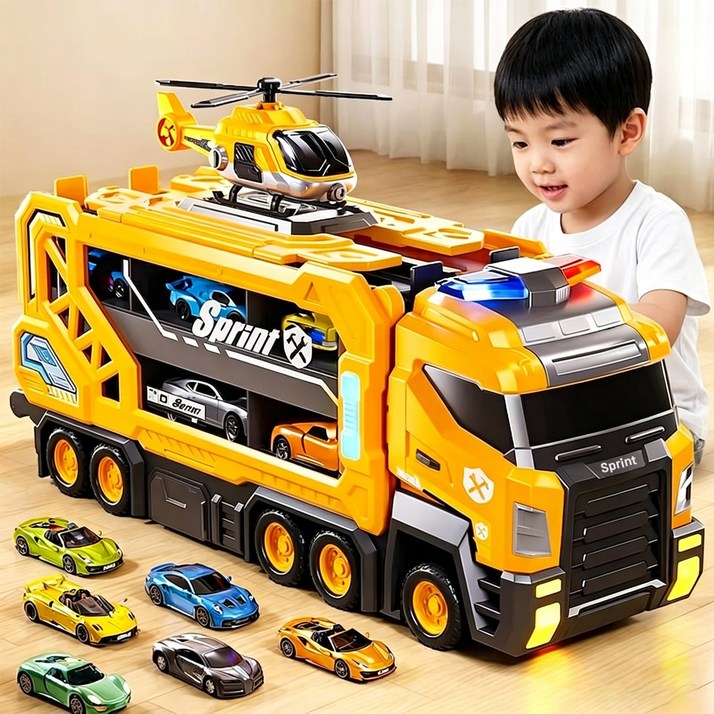 Shipshape 변신 대형 트럭 완구 슈팅트랙 레이싱 아동용 자동차 운반차 장난감 캐리어 미니카 주차장 헬리콥터 놀이 수납 세트, 1개, 옐로우