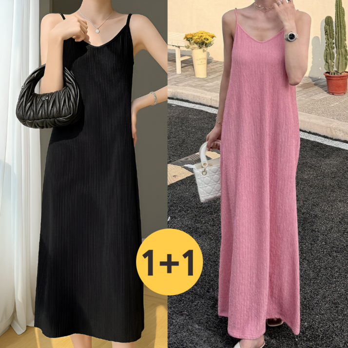 쁘띠엘라 찰랑스판 플리츠 끈나시 롱 원피스 휴양지 뷔스티에 2p