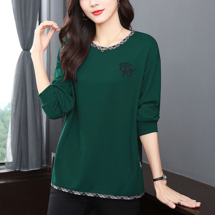 ROYALBELLE 여성 하프기장 라운드넥 빅사이즈 티셔츠 중년 엄마 루즈핏 자수 티셔츠 J082818