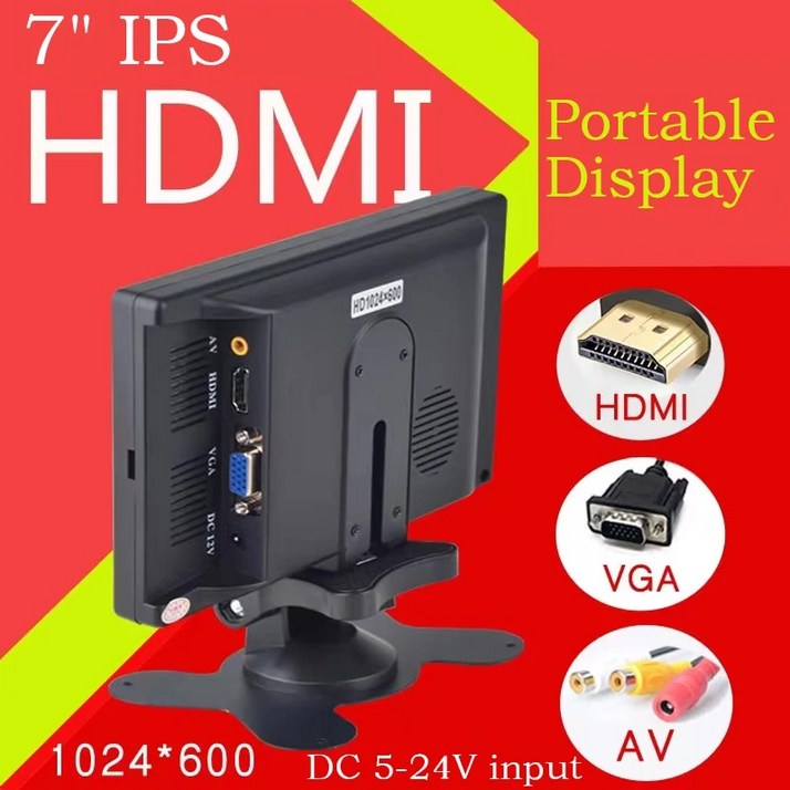 7 인치 IPS 휴대용 디스플레이 HD 1024×600 화면 AV CCTV 모니터 라즈베리 파이 HDMI 호환 VGA DSUB 반전 카메라