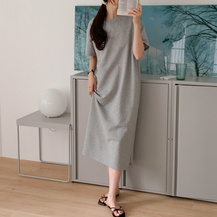 프레쉬뉴 여자 편한 봄 여름 데일리 면 라운드 반팔 트임 롱 루즈핏 원피스