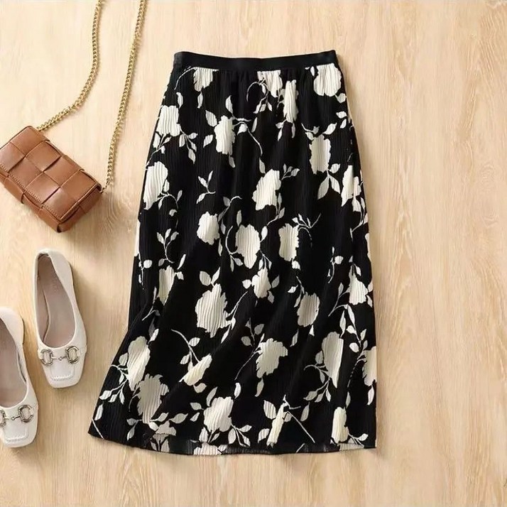 비아이와이 여성 여름 빈티지 프린트 밴딩 주름 스커트 DH589