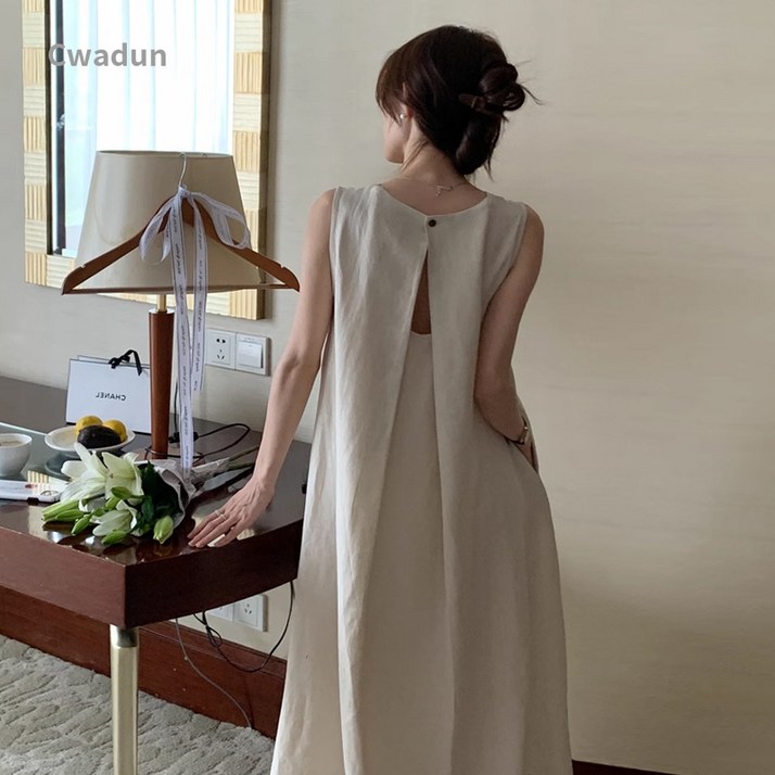 Cwadun 뒤 트임 민소매 원피스 여 여름 롱