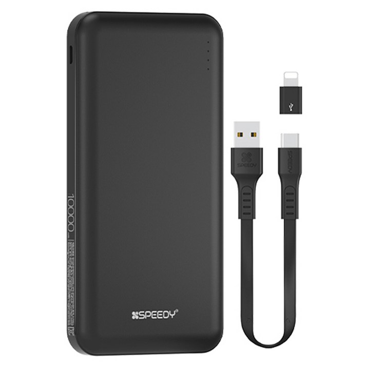 SPEEDY 슬림 듀얼 보조배터리 10000mAh C타입 케이블 8핀 젠더 세트, BND2PCPPB100A, 블랙