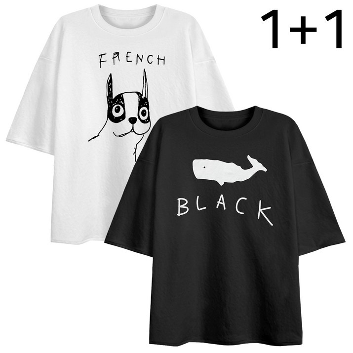엠제이스타 2장묶음 [1+1] 오버핏 반팔 티셔츠 프렌치펫 + 흑백고래 남녀공용 반팔티 - 투데이밈
