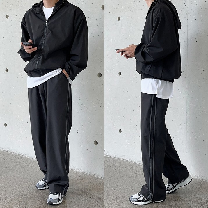 로제 후드 바람막이 배색 스트링 팬츠 셋업