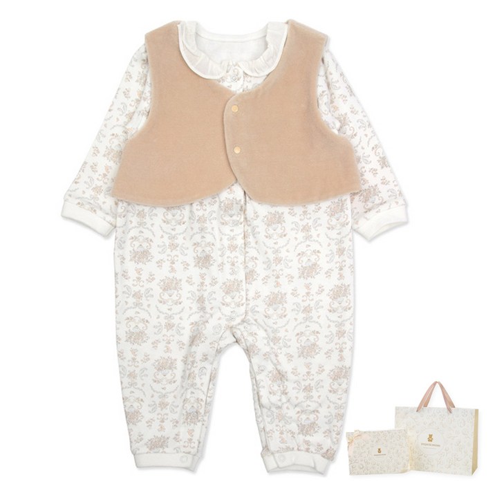 오가닉맘 신생아용 발렌티 긴소 우주복 + 조끼 세트 MIFLQE05 + 쇼핑백