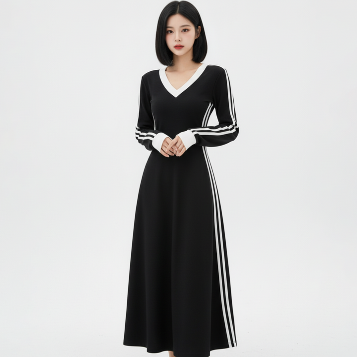 마켓피아 여성용 V넥 트랙 라인 포인트 롱 원피스