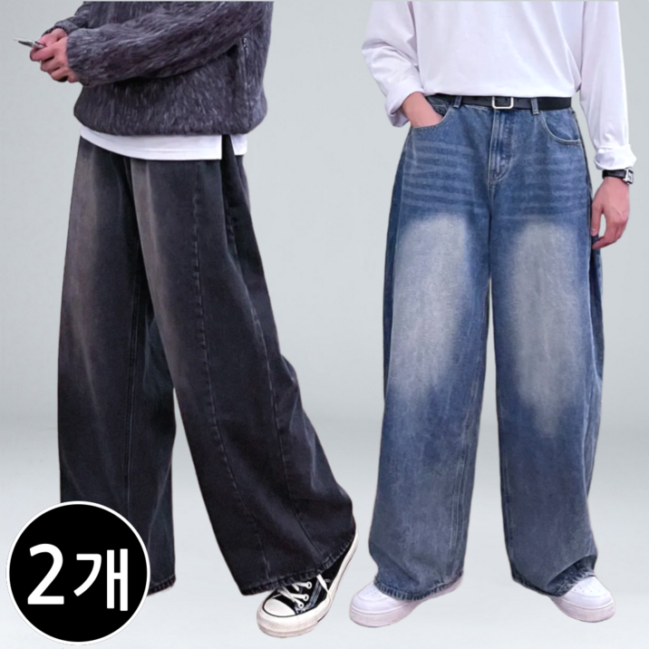 [1+1] 남자 청바지 빅사이즈 9부 10부 와이드 데님 팬츠 (6341-2)