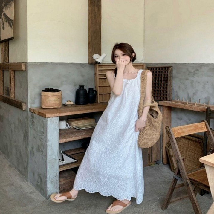여성 롱원피스 펀칭 리본스트링 비치원피스 퓨어 휴가룩 모두팜 민소매 모두철