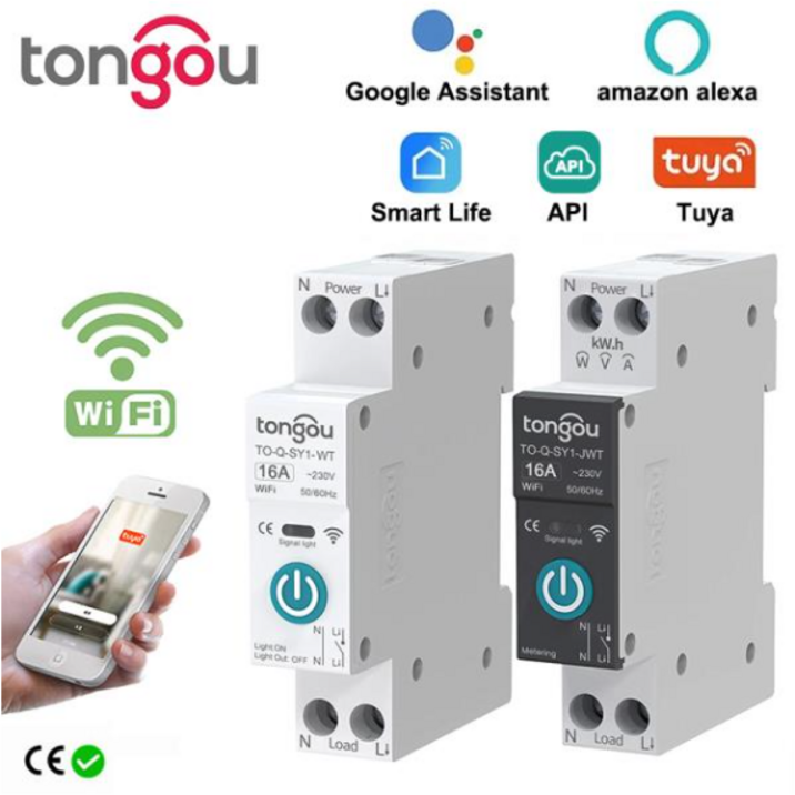 Tuya-Wifi 스마트 회로 차단기 스위치 계량 63A1P Din 레일 원격 제어, 스마트 홈 스마트 라이프 앱 타이머 모듈 TONGOU
