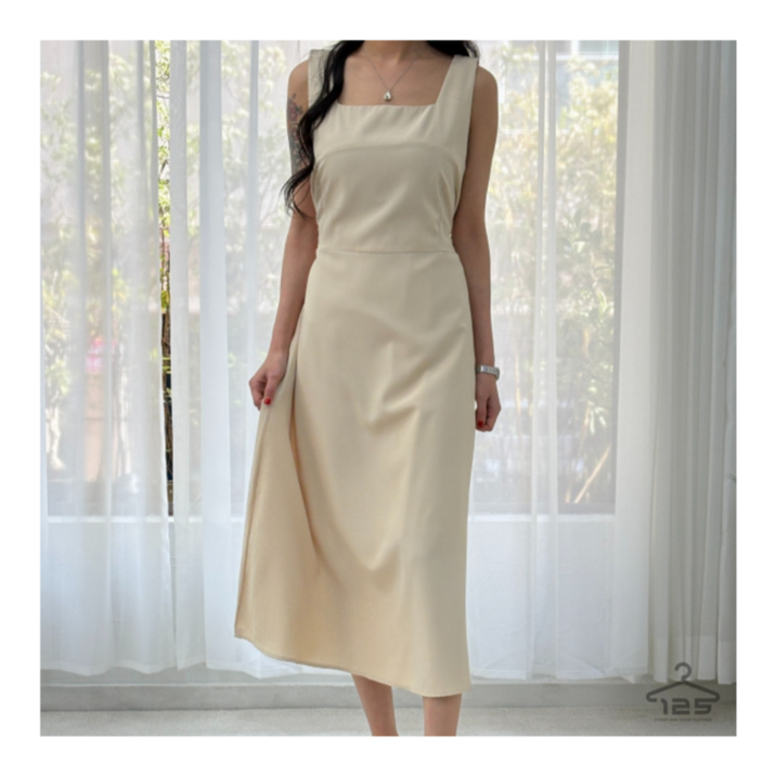 바이일이오 여성 허리 스트랩 맥시 스퀘어넥 민소매 플레어핏 나시 뷔스티에 롱 원피스