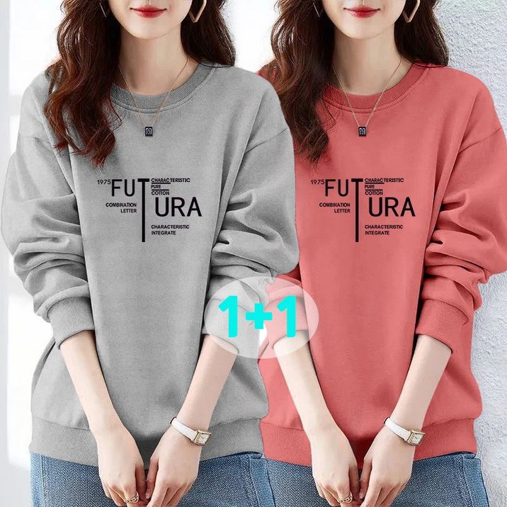 JUSTFEELING 1+1 여성 긴팔티 라운드넥 영문글짜 캐주얼 박시티 간절기 봄가을 중년여성 맨투맨 편하게 외출복 긴팔맨투맨 상의