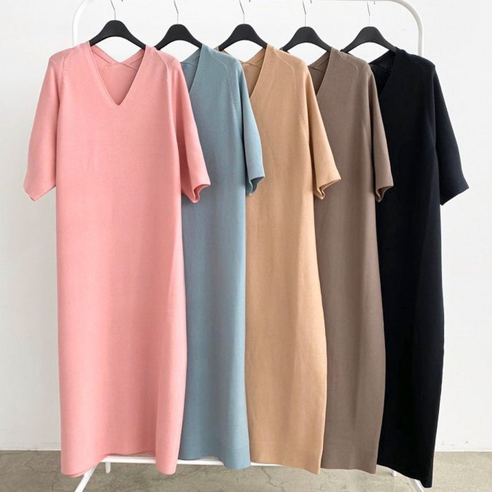 니트코어 여성 여름 시원한 루즈핏 빅사이즈 브이넥 머메이드 반팔 니트 원피스 드레스 하객룩 하객원피스 미시룩 등하원룩