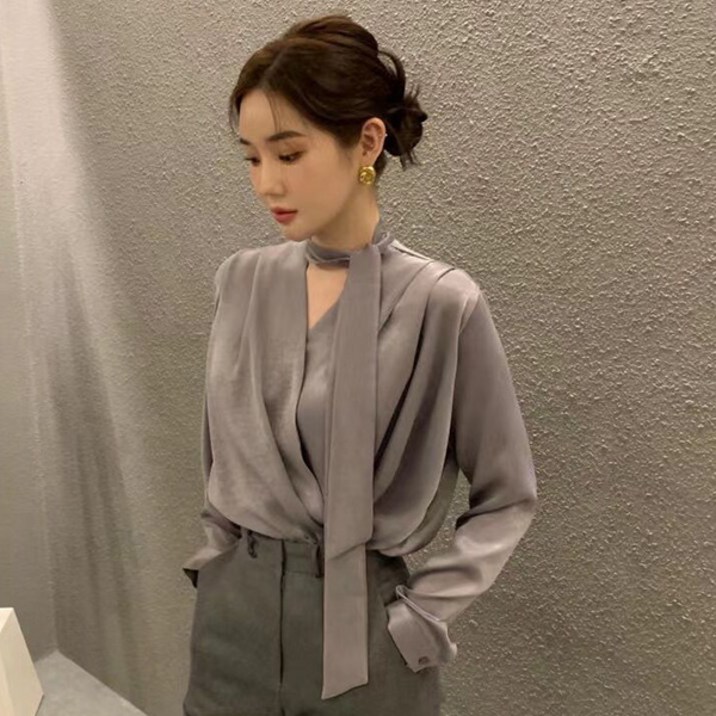 라라홀리 타이넥 랩스타일 펄 셔링 쉬폰 긴팔 블라우스