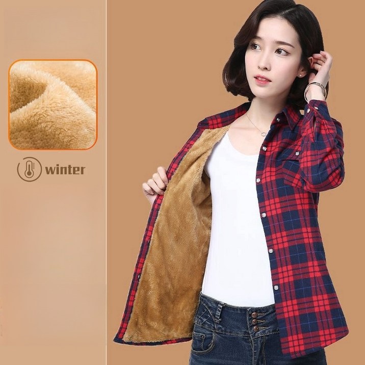 ZOLMIK 여성 체크셔츠여성 기모 긴팔셔츠여자 기모체크남방겨울 융털 보온 기모남방 체크남방 긴소매 캐주얼 티셔츠100순면 프리미엄 덧댐 따뜻한 셔츠