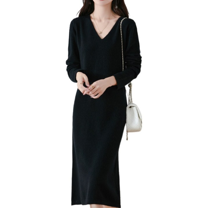 MINA STYLE 브이넥 원피스 니트 롱 옆트임 여성 긴팔 데일리룩