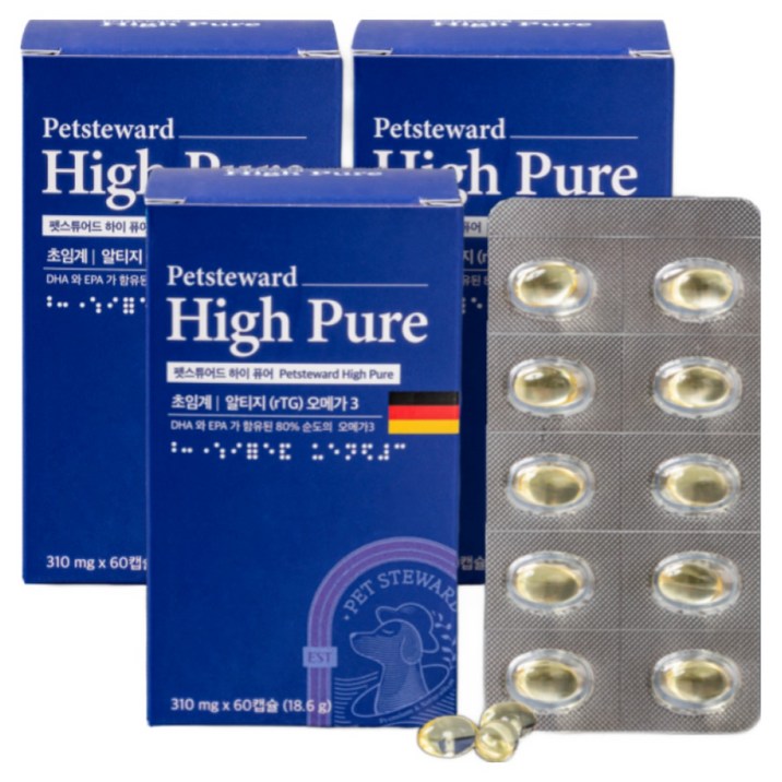 KDpharma 순도80% rTG 강아지 오메가3 피부 관절 눈 영양제 310mg 180캡슐, 3박스