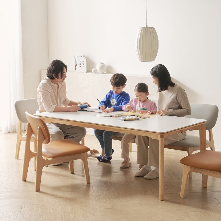 헤닝 오트밀 세라믹 6인 낮은식탁 세트 1800 의자3 벤치1