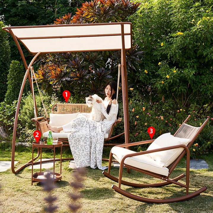 야외 정원 테라스 흔들 그네 의자 휴식용 원목, 윤멍 티 테이블 흔들의자