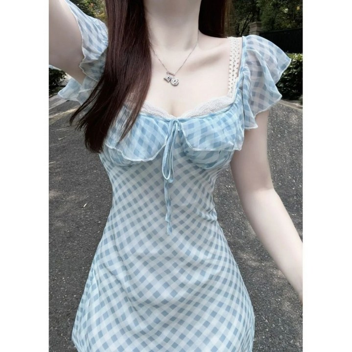 해피유통 체크 패턴 슬림핏 미니 원피스 여성 프릴 리본 포인트 데일리 드레스