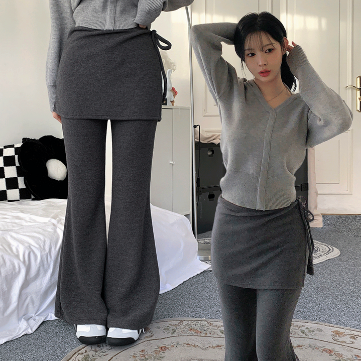 [꾸안꾸/2col] 토미 도톰 기모 랩 스커트 치마 바지 부츠컷 레깅스 세트