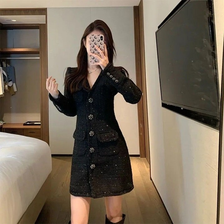 Neirny 여성 트위드 원피스 봄가을 캐주얼 슬림핏 치마 여신 고급 긴팔 하객 원피스