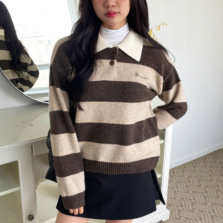 [디아미뇽] 마르소 스트라이프 카라넥 단가라 루즈핏 니트