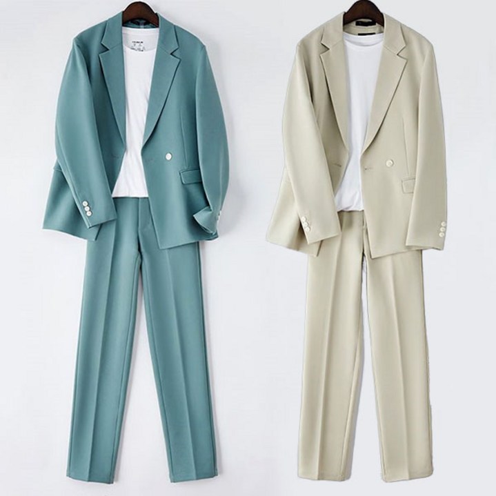 AOUGK 남자 더블버튼 정장세트 캐주얼 양복 루즈핏 정장 자켓  정장바지 오피스룩 면접복 투피스 데일리