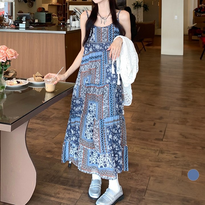 LALABELLE 여성용 원피스 끈 나시 에스닉 A라인 스트랩 보헤미안 휴양지 롱 원피스