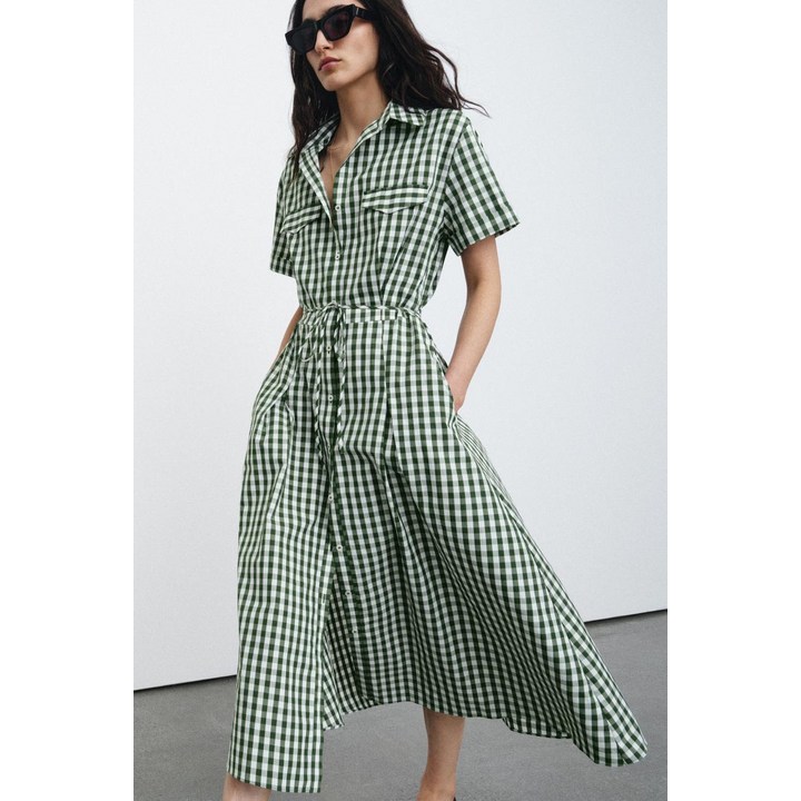 ZARA ZW 컬렉션 깅엄 체크 셔츠 원피스 - 초록