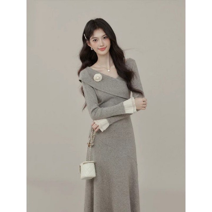 녕동 여성 브이넥 원피스 봄가을 허리조임 슬림핏 a라인 긴팔 롱원피스