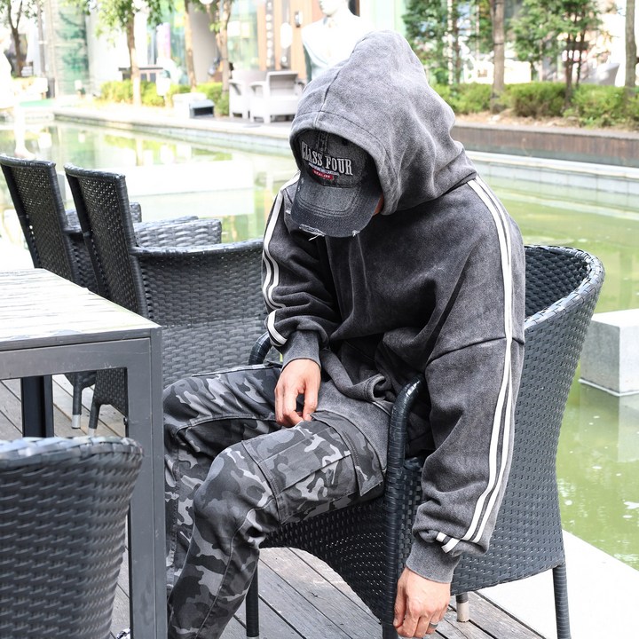 오버핏 렌시 스톤워싱 두줄라인 트랙 후드티