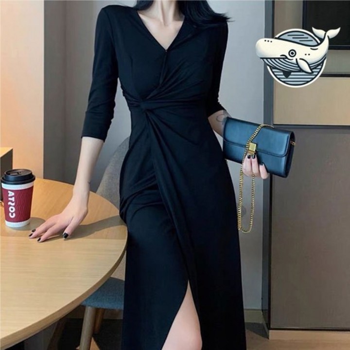 브이넥 랩드레스 세련된 트임 롱원피스 우아한 정장원피스 하객원피스 랩드레스