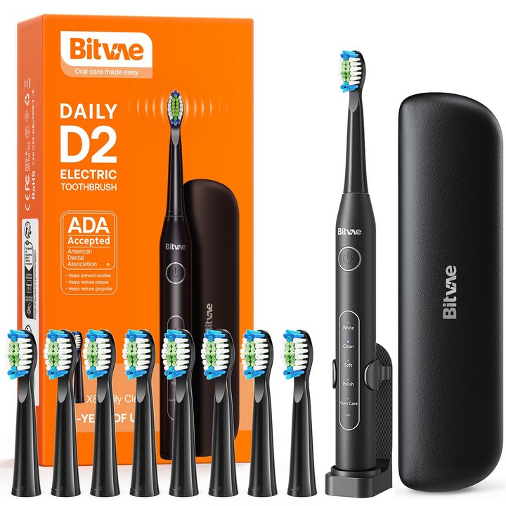 비트베이 D2 음파 전동칫솔 진동칫솔 칫솔모8개 스탠드와 휴대용 케이스 포함 Bitvae Amazon베스트, 블랙, 1개, D2