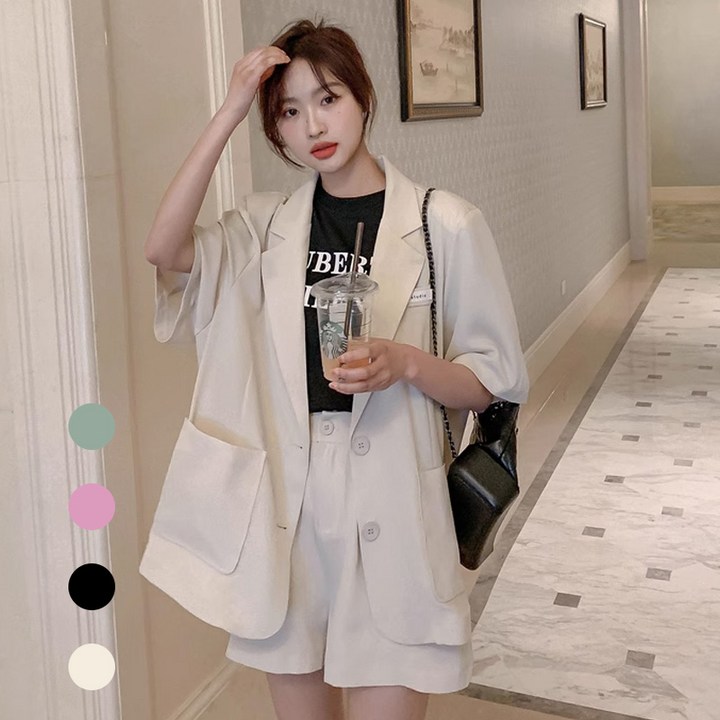 Titikong 여성 정장 상하복 빅사이즈 여름 반팔 자켓 반바지 투피스 루즈핏 세트