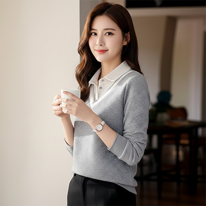 데일로엔 여성 셔츠 레이어드 브이넥 스웨트 긴팔 티셔츠
