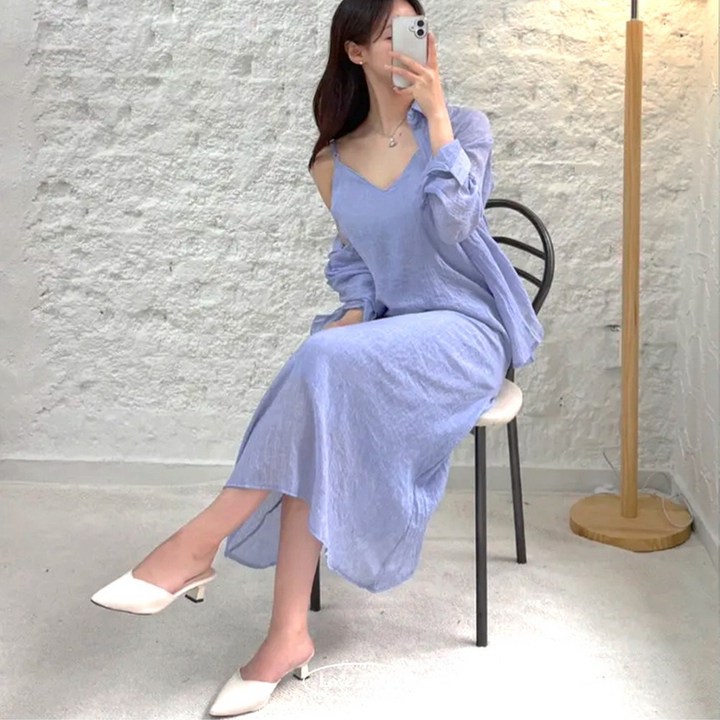 탑노치 여성 민소매 원피스 린넨 셔츠 여름 투피스 세트