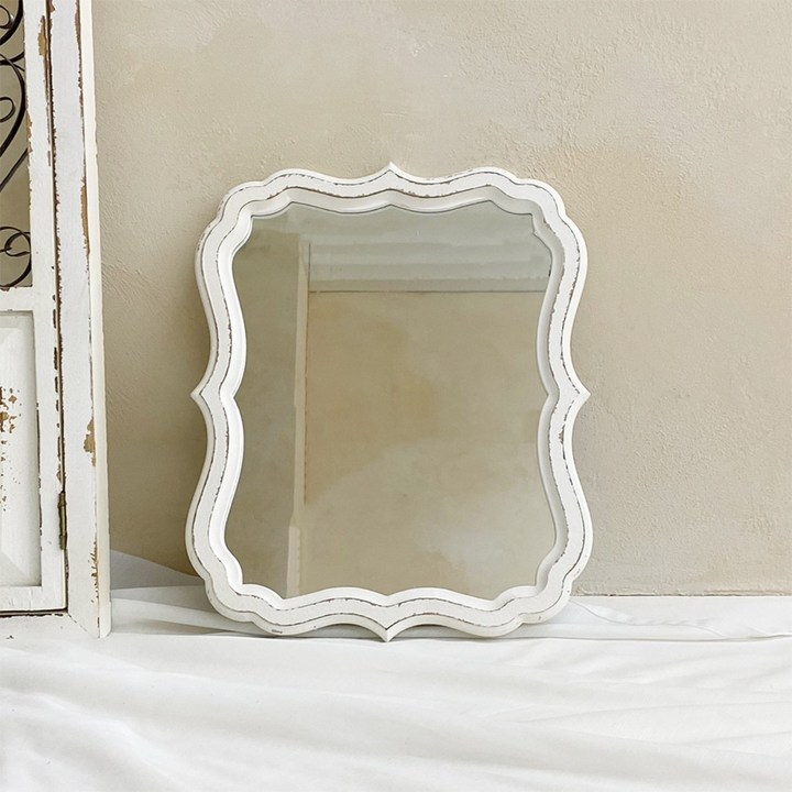 빈티지 프렌치 쉐비 화이트 엔틱 벽걸이 거울 우드 카페 화장대 매장 인테리어 A32X39