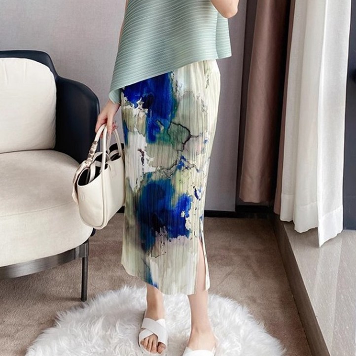 아뗄릭 빅사이즈 컬러풀 나염 트임 미디 스커트 14263