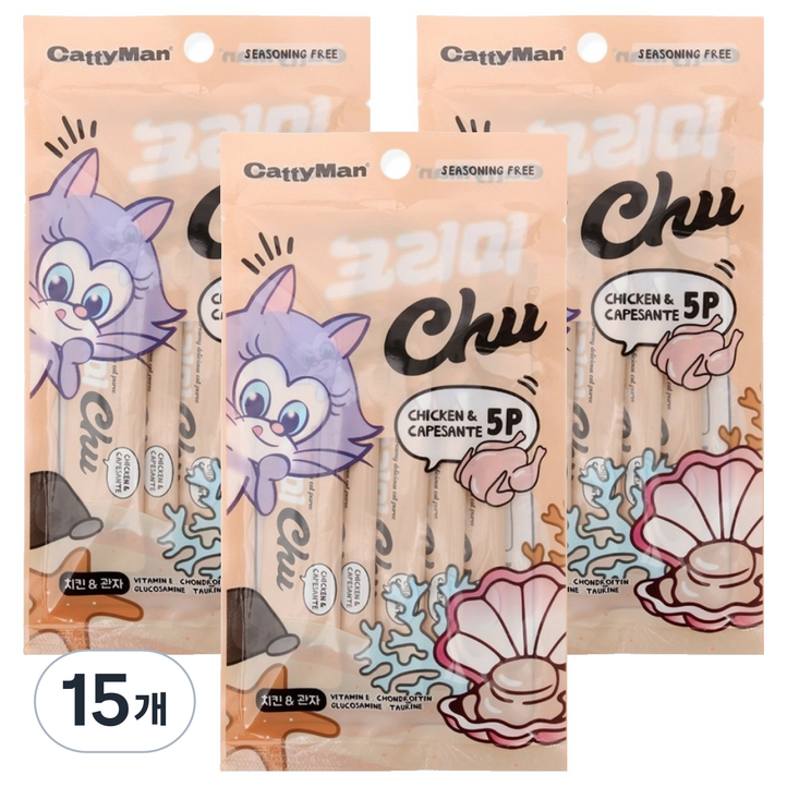 캐티맨 고양이 크리미츄 간식 5p, 15개, 60g, 혼합맛(치킨 + 관자맛)