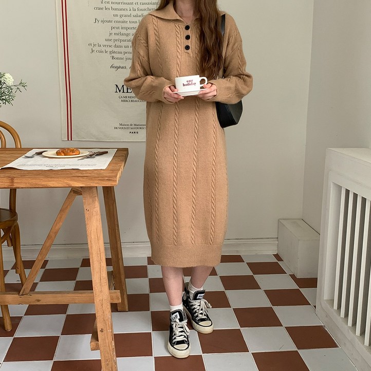 린다샵 비로그 카라넥 꽈배기 패턴 단추 롱 니트 원피스 cpops10086k47