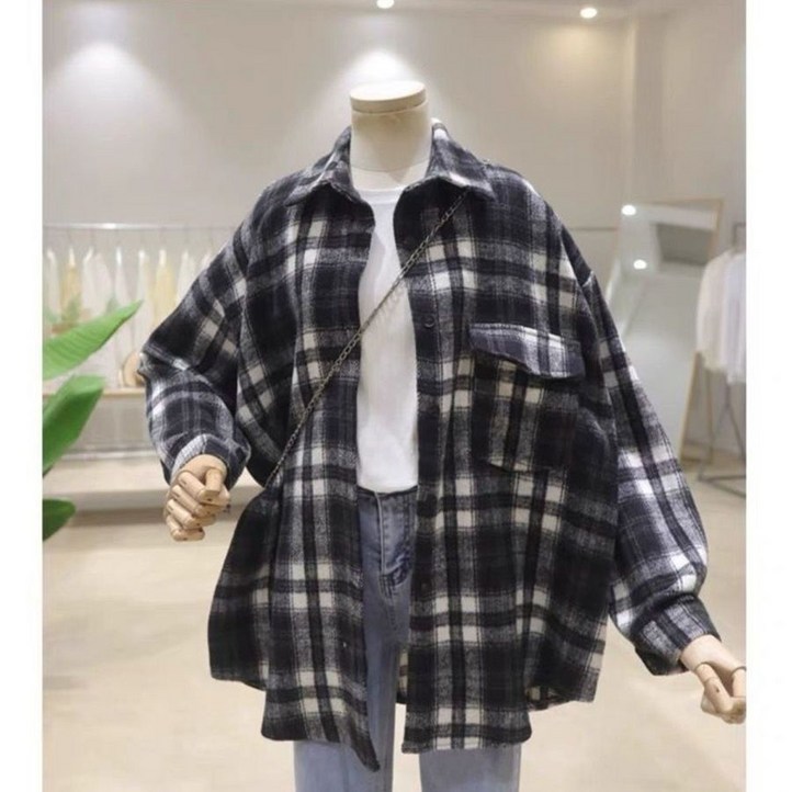 지고다그 가을겨울 여성 체크남방 루즈핏 플란넬 기모 셔츠자켓 롱셔츠 아우터 ZXC43971