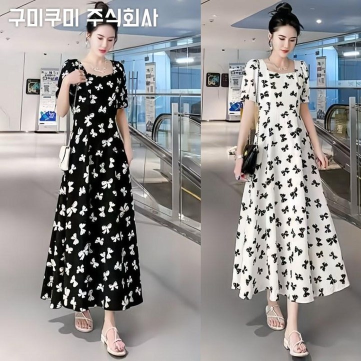 100kg까지 빅사이즈 날씬해보이는 이쁜 플라워 스퀘어넥 어깨 퍼프 롱 원피스 여성 여름 신상 프린트 루즈핏 레이스 반팔 허리꼬임 바캉스 여행 3xl 4xl a라인 플레어 스커트